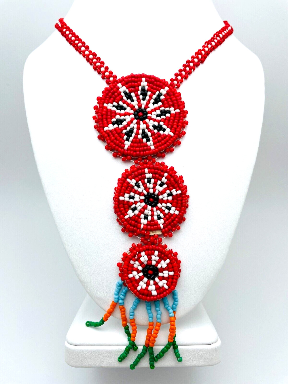 Three Medallion Pendant Beaded Necklace Handcrafted Red White Tribal Pow Wow